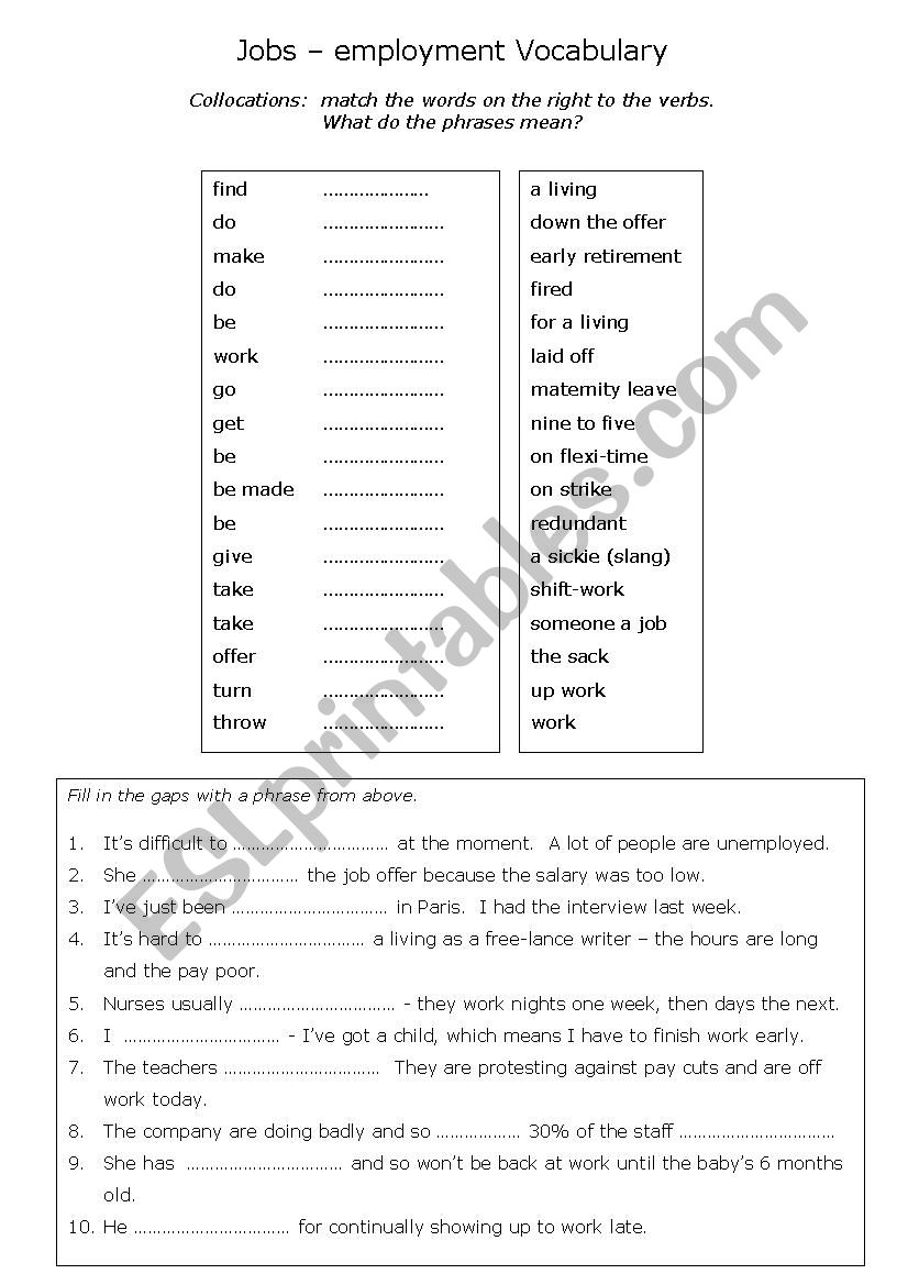 job vocabulary worksheet