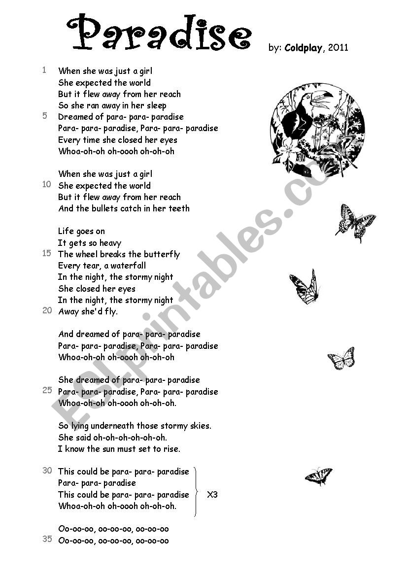 Paradise by Coldplay (with exercises) - ESL worksheet by MarionG