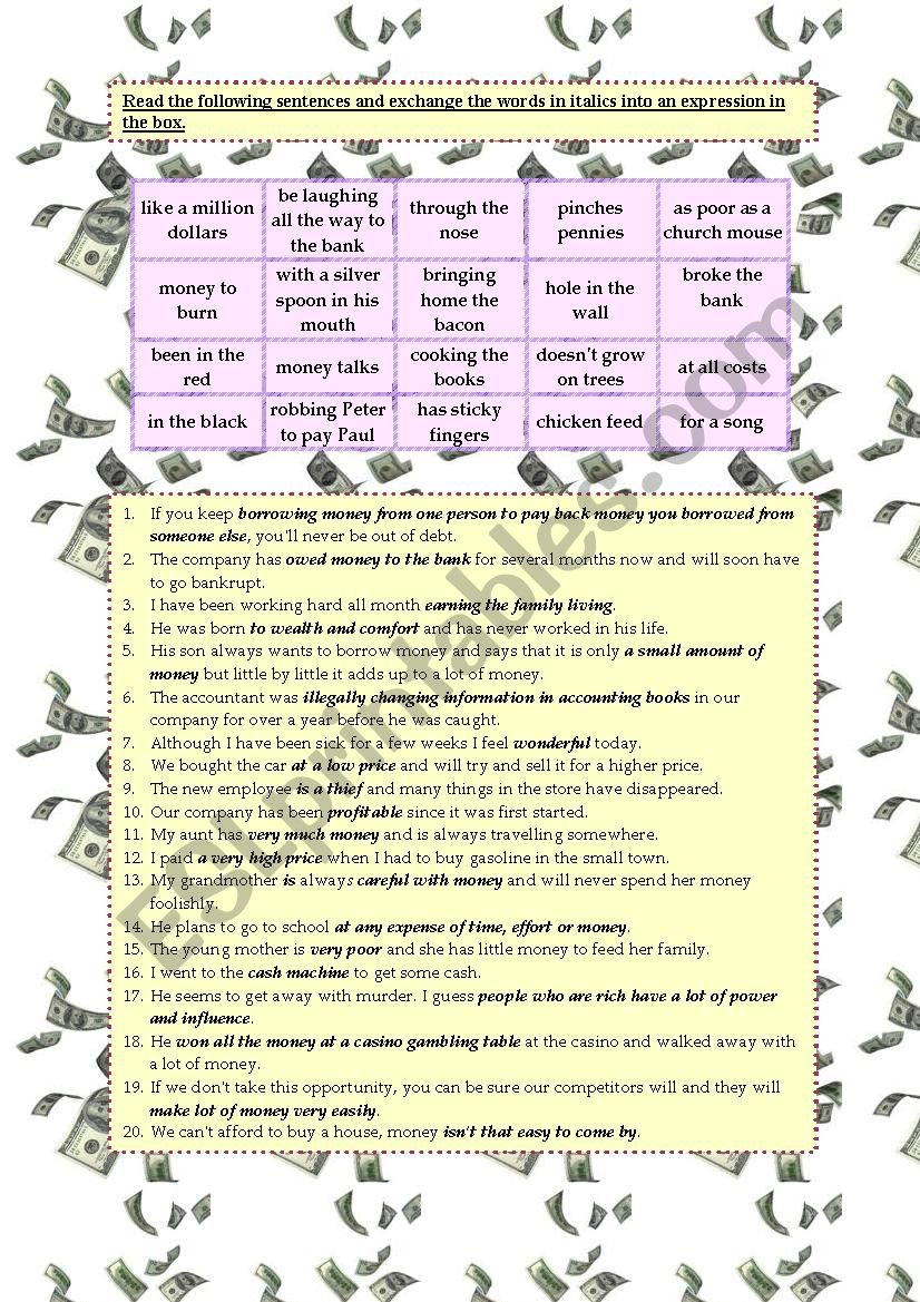 Money idioms worksheet
