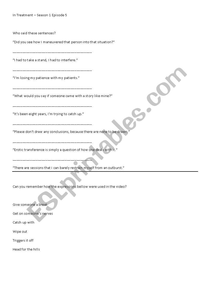 In Treatment S01 E05 worksheet