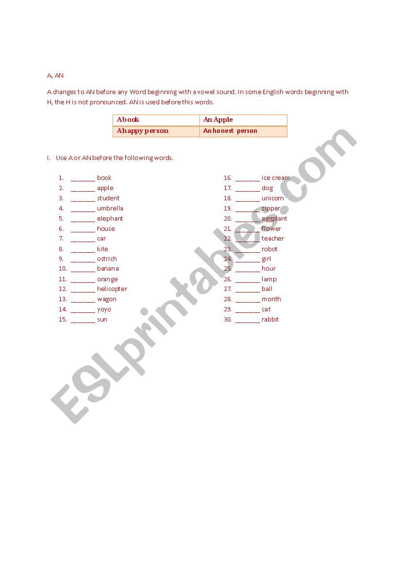 INDEFINITE ARTICLES worksheet