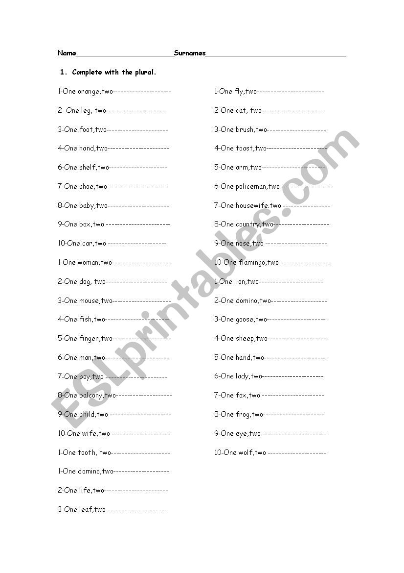 Plurals worksheet