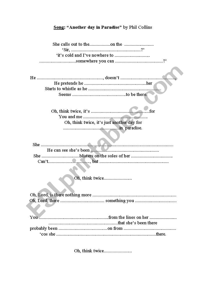Song: Another day in Paradise worksheet