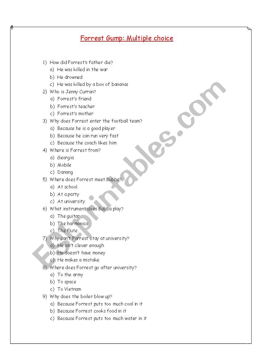 Forrest Gump Multiple Choice worksheet