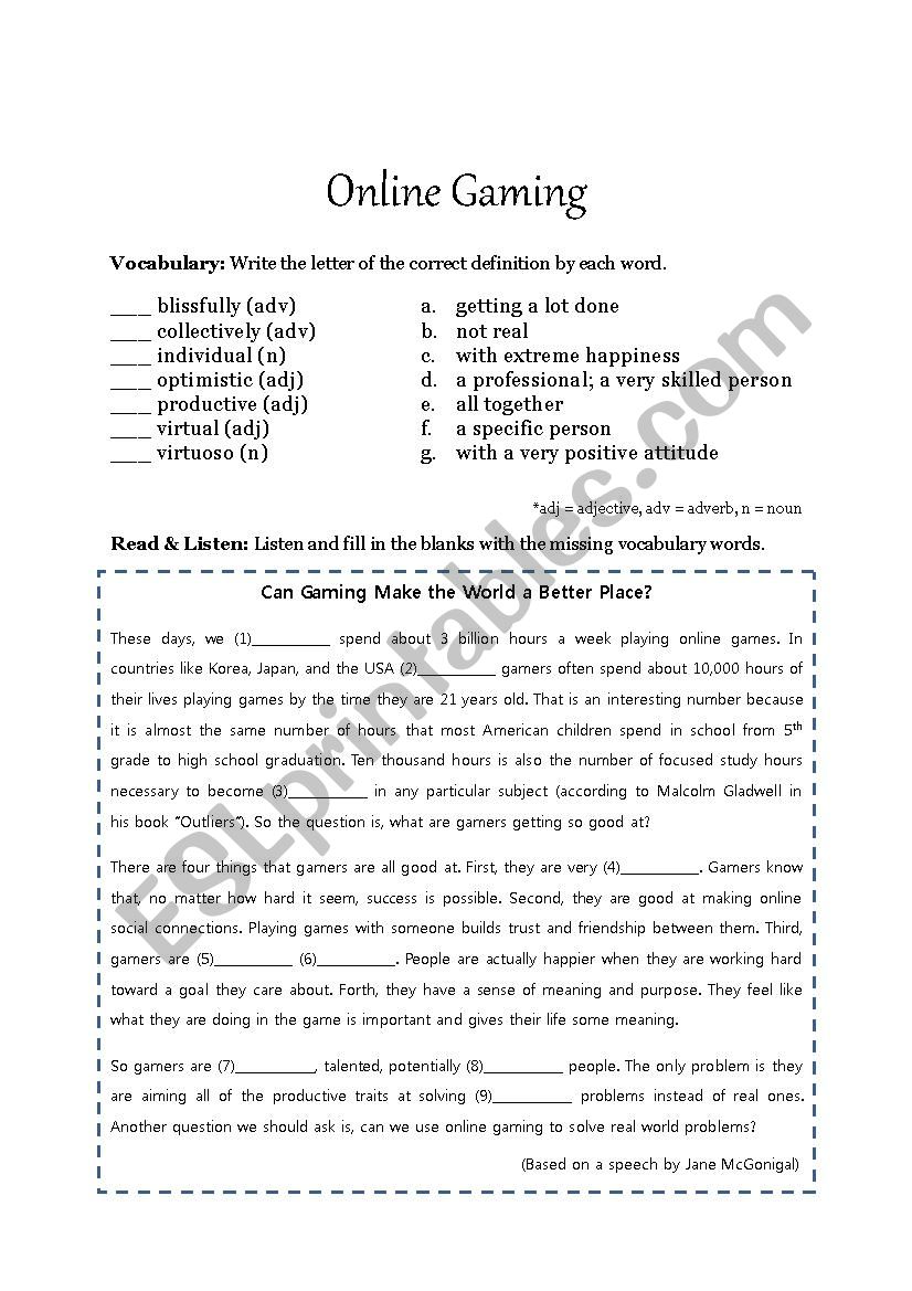 Brainstorming (Online Gaming) worksheet