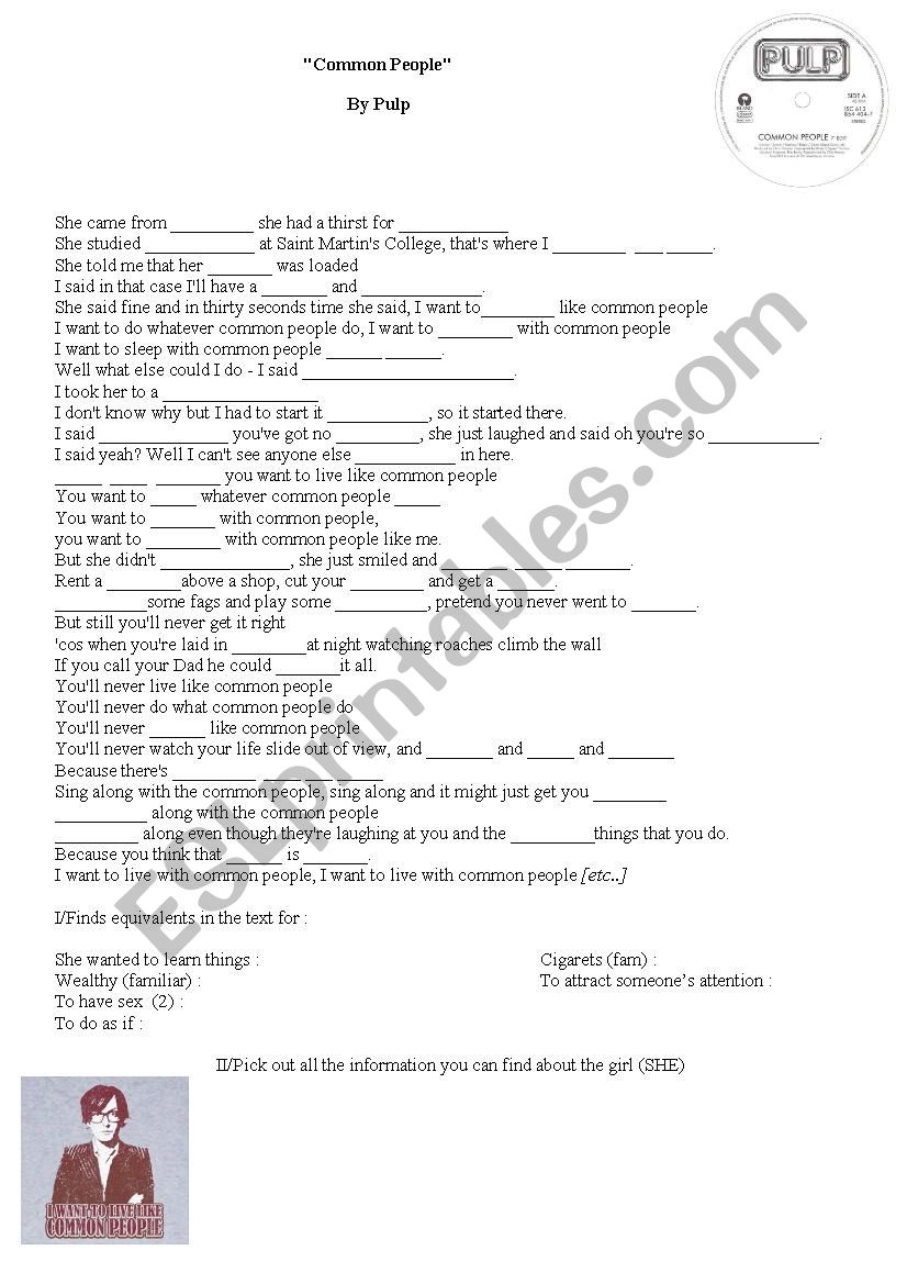PULP, common people worksheet