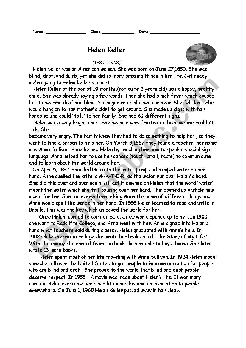 Biography of Helen Keller worksheet