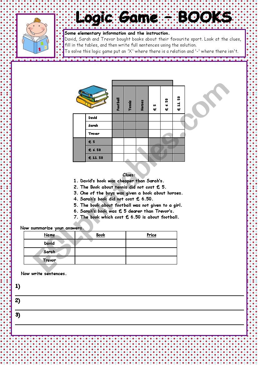 Logic Game - Buying Books worksheet