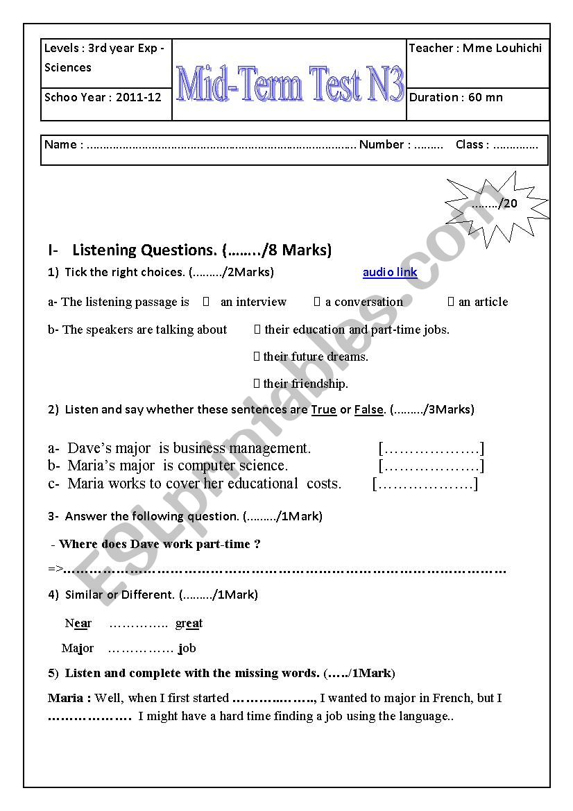 Mid-term test for third year secondary students