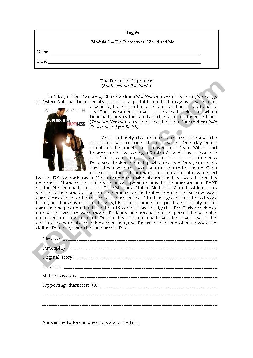 The Pursuit Of Happiness part I ESL Worksheet By Isabelaves