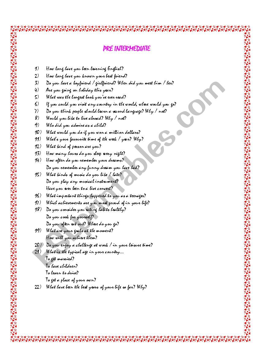 Pre question. Questions pre Intermediate. Questions for pre Intermediate students. Personal questions for pre Intermediate Level. Speaking questions for pre-Intermediate students.