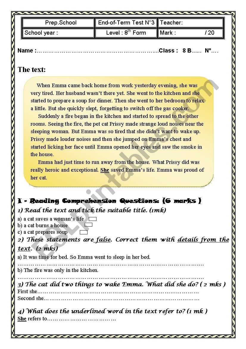 End-Of-Term Test N°3 8th Form worksheet