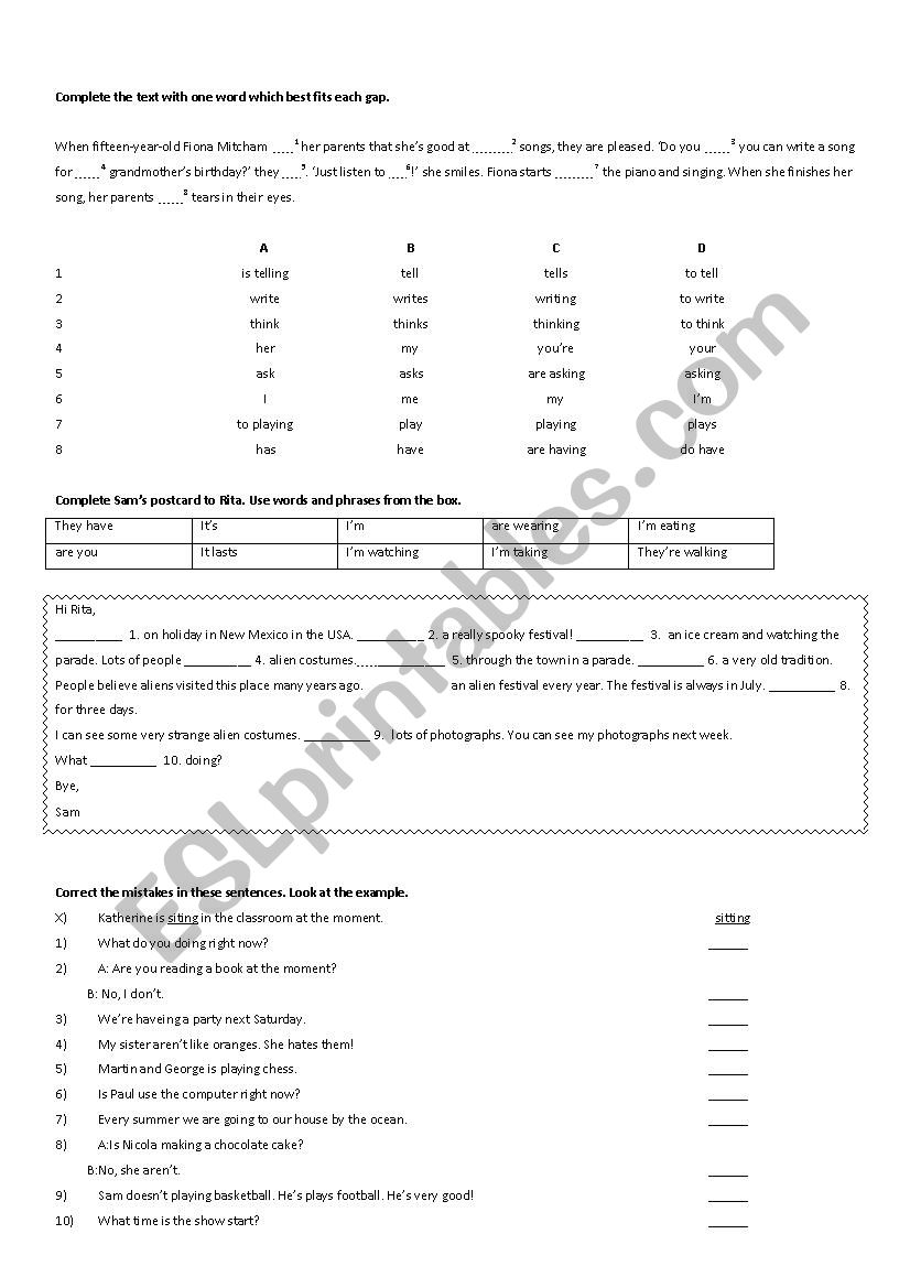 Elementary Exam worksheet