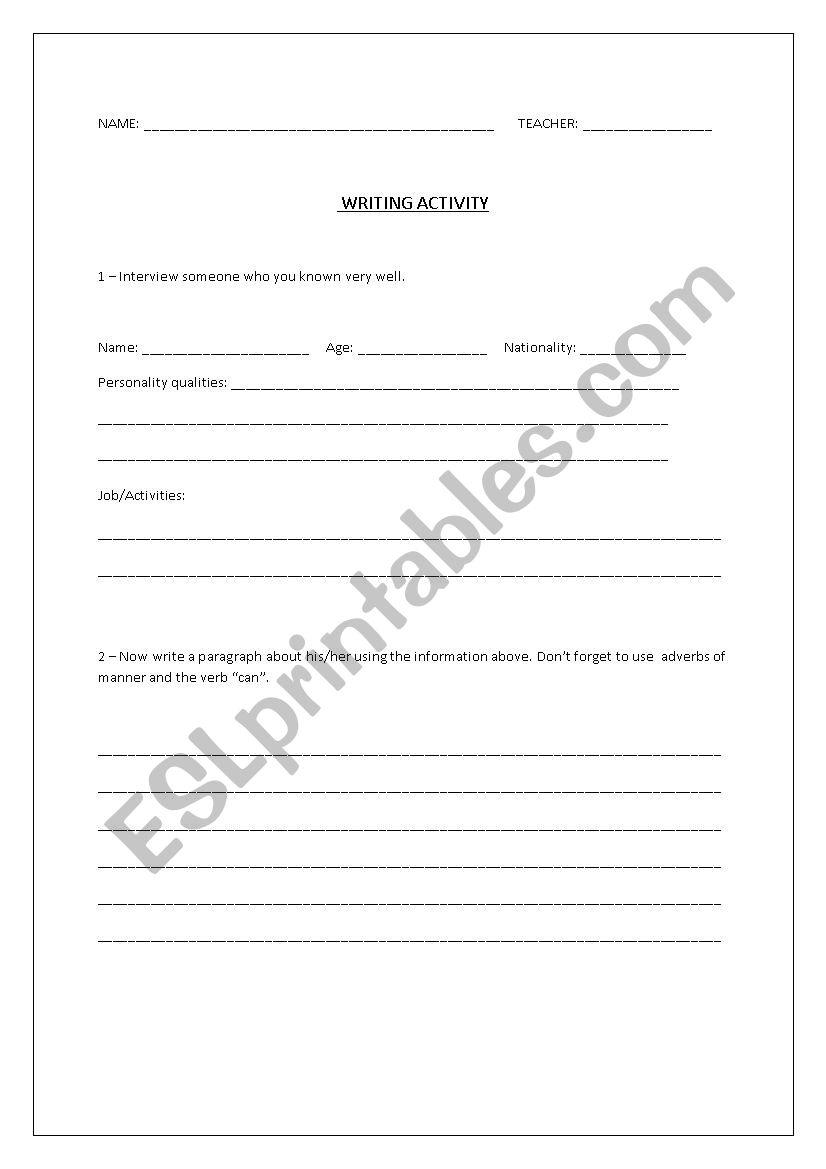 Writing Activity worksheet