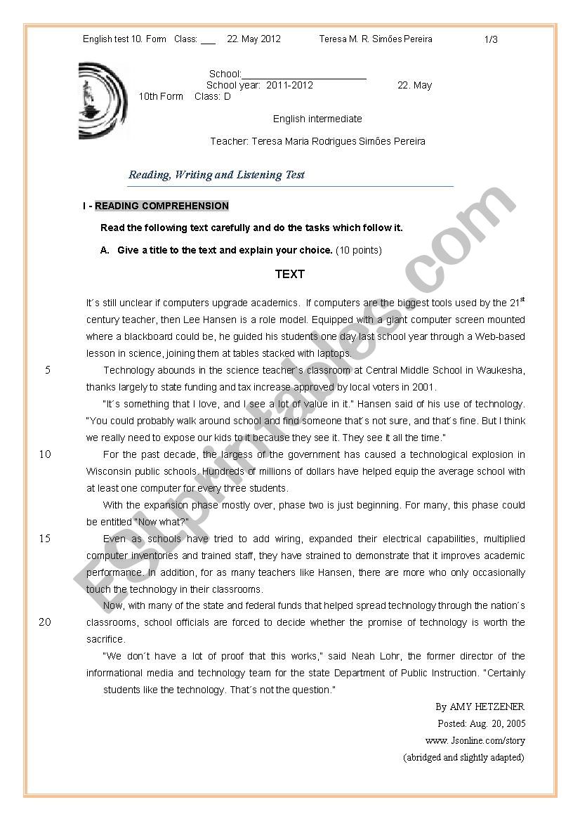 10 th form English test worksheet