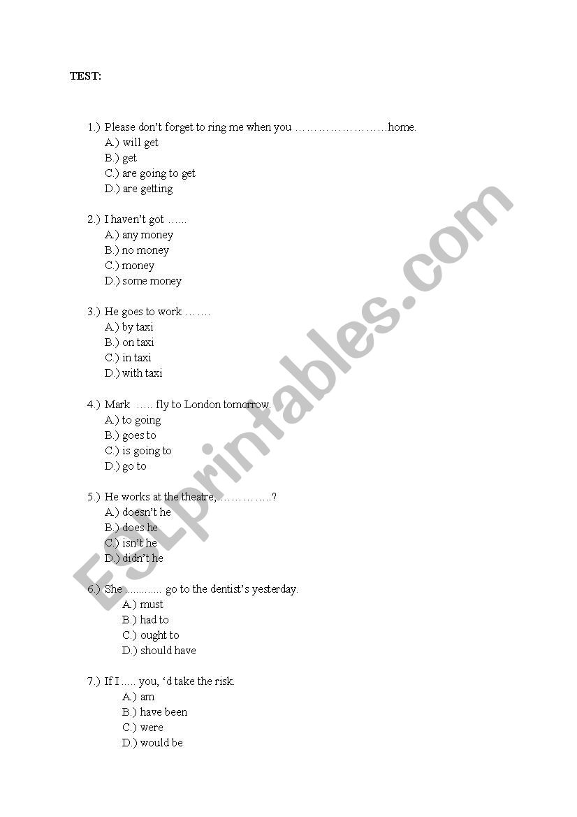 Diagnostic test worksheet
