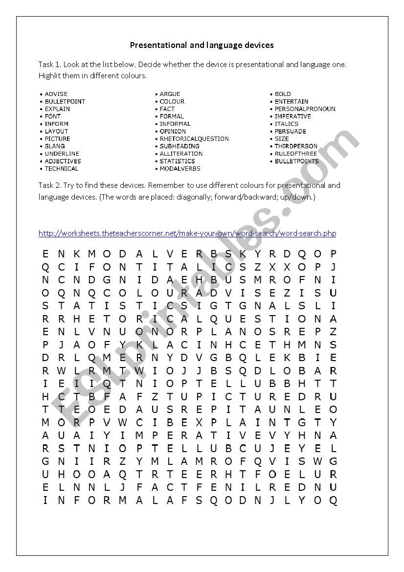 Presentational and language devices wordsearch