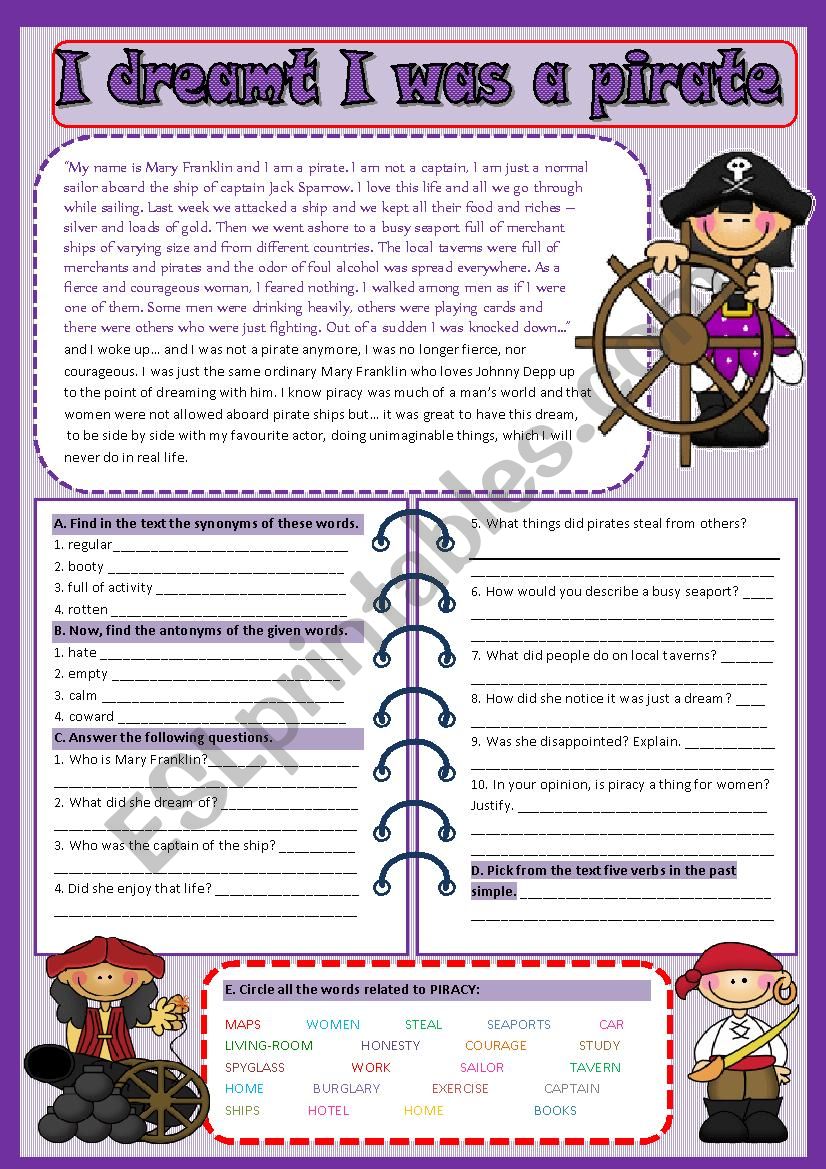 I dreamt I was a pirate worksheet