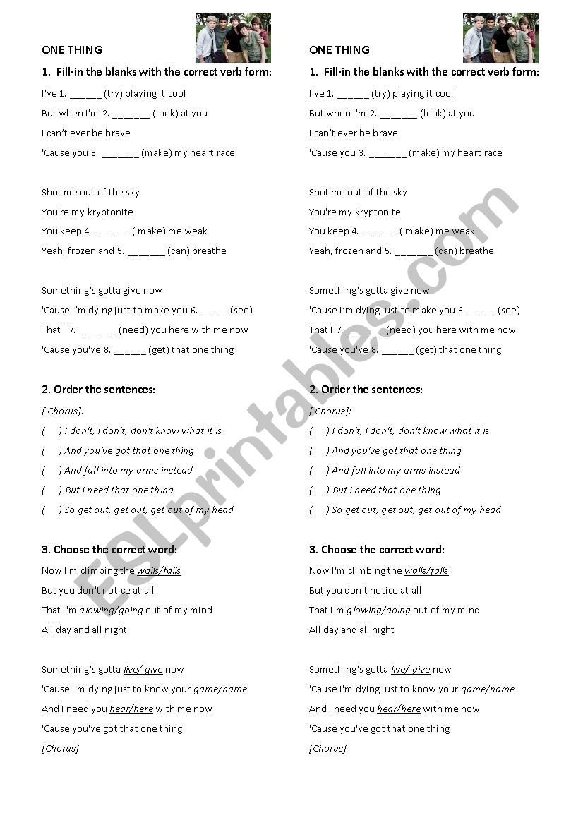 One Thing - One Direction  worksheet