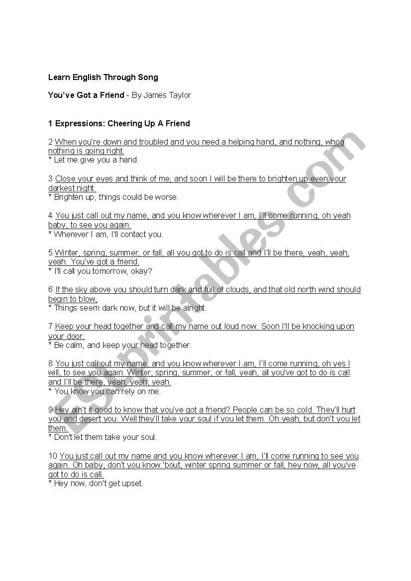 you got a friend (song) worksheet