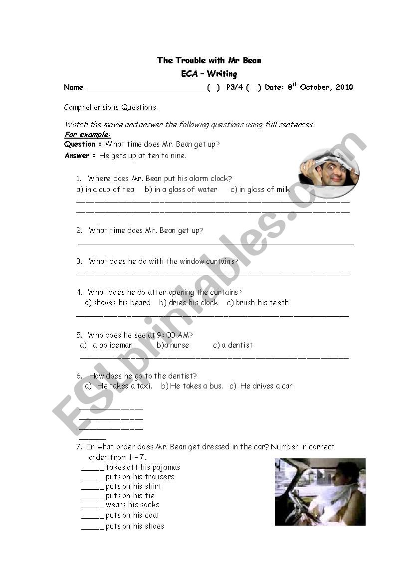 The Trouble With Mr Bean worksheet