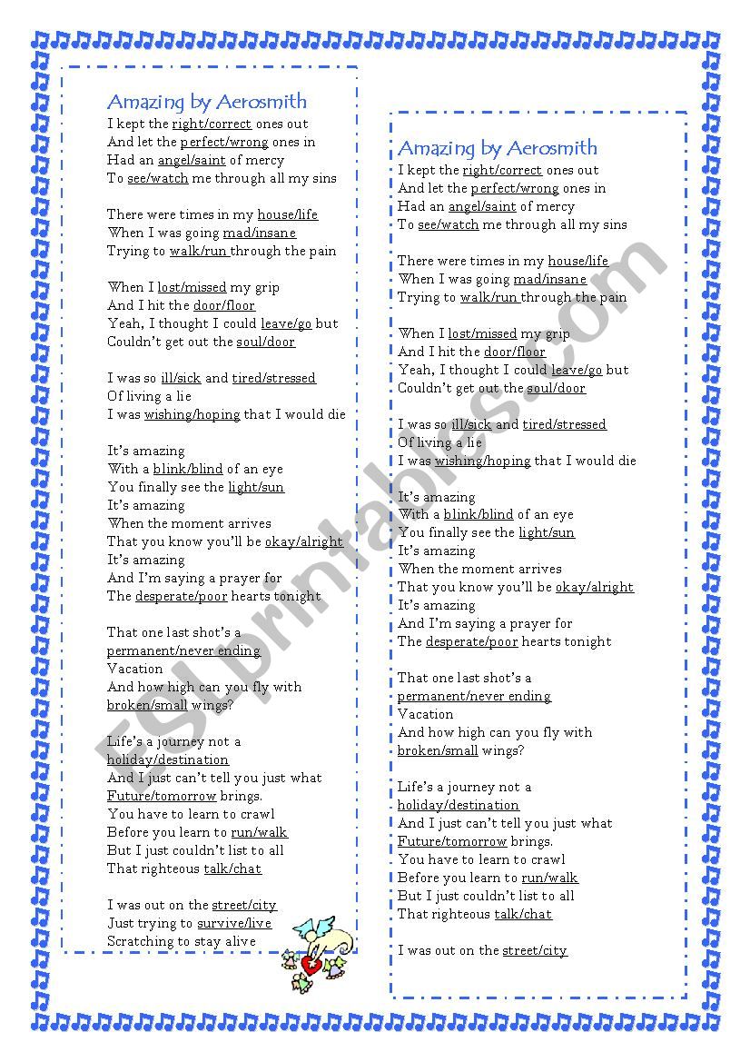 Song Amazing by Aerosmith worksheet