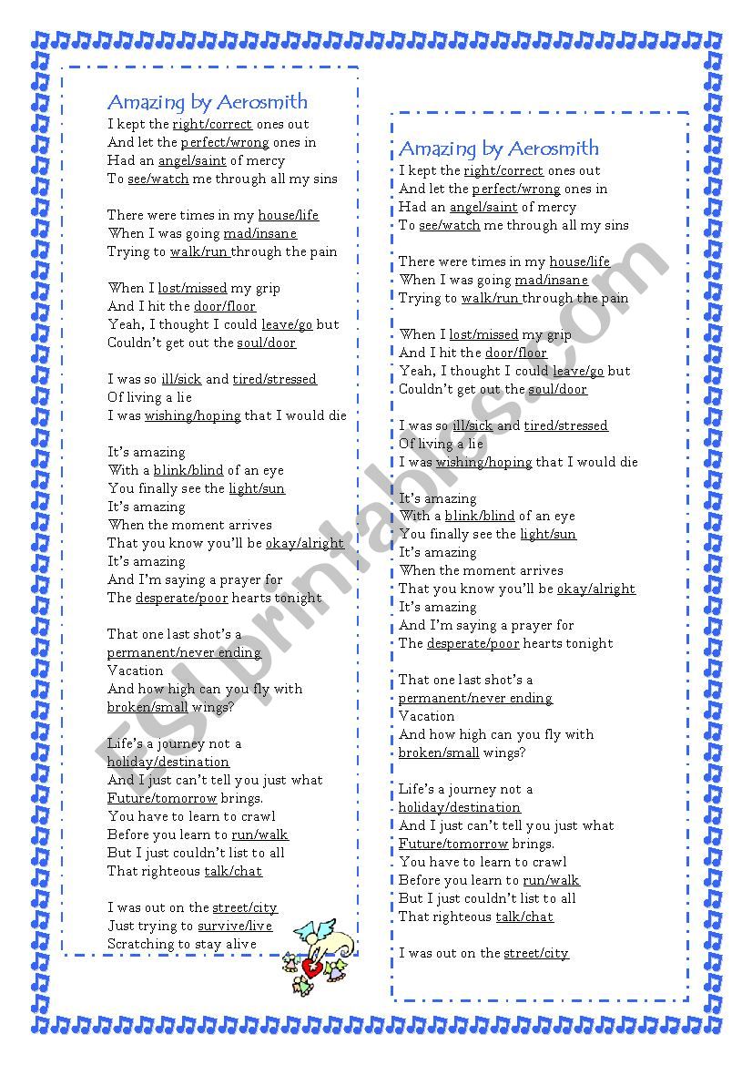 Song Amazing by Aerosmith worksheet