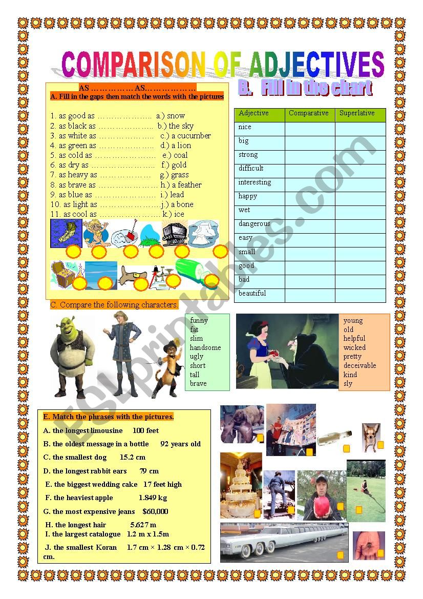 COMPARISON OF ADJECTIVES, as...as..., comparatives, superlatives