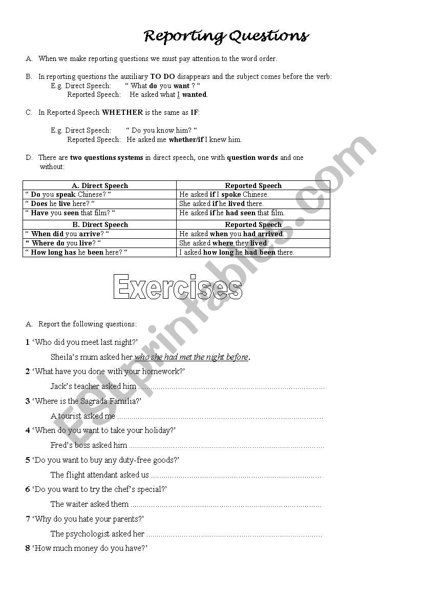 Reporting Questions worksheet