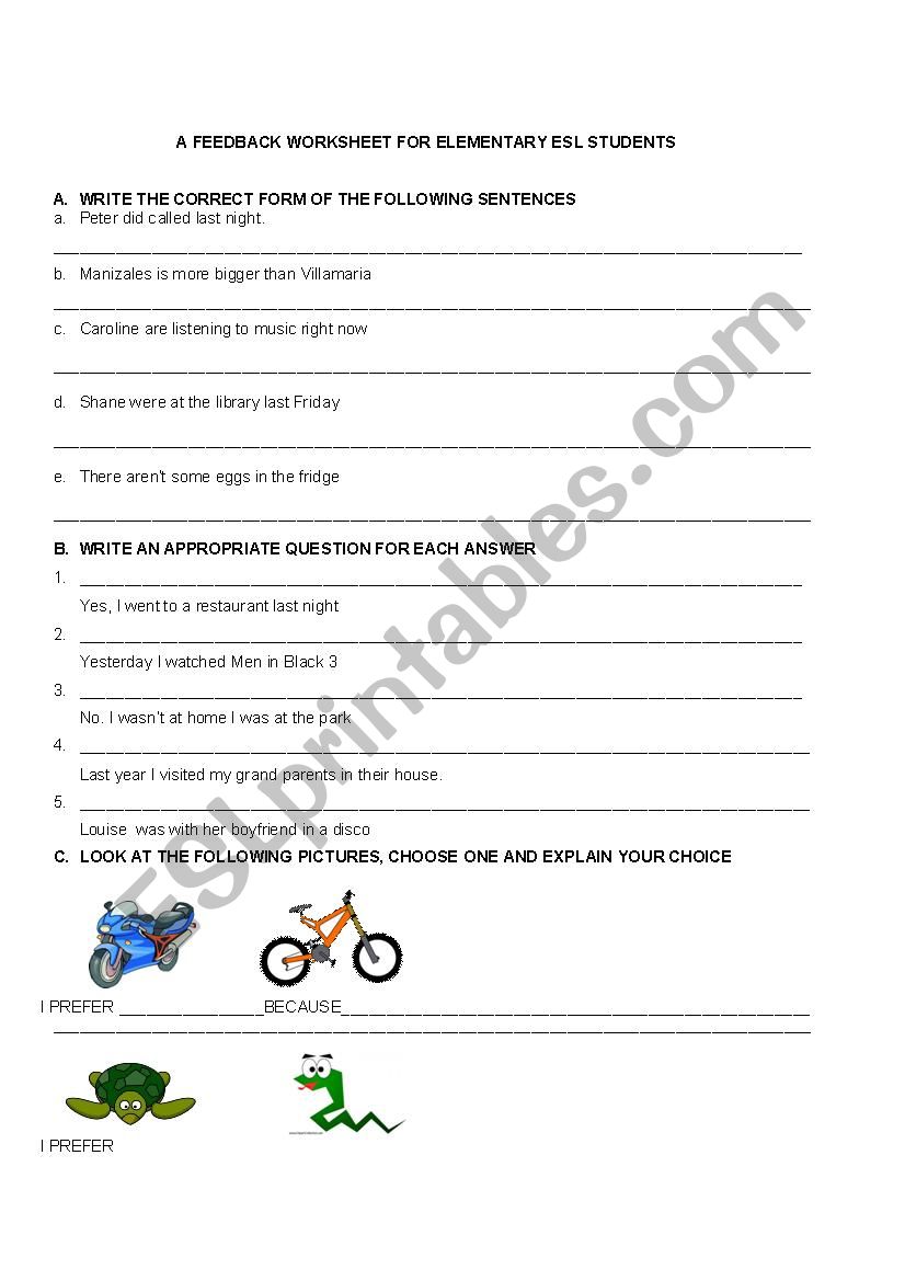 A FEEDBACK FOR ESL STUDENTS worksheet