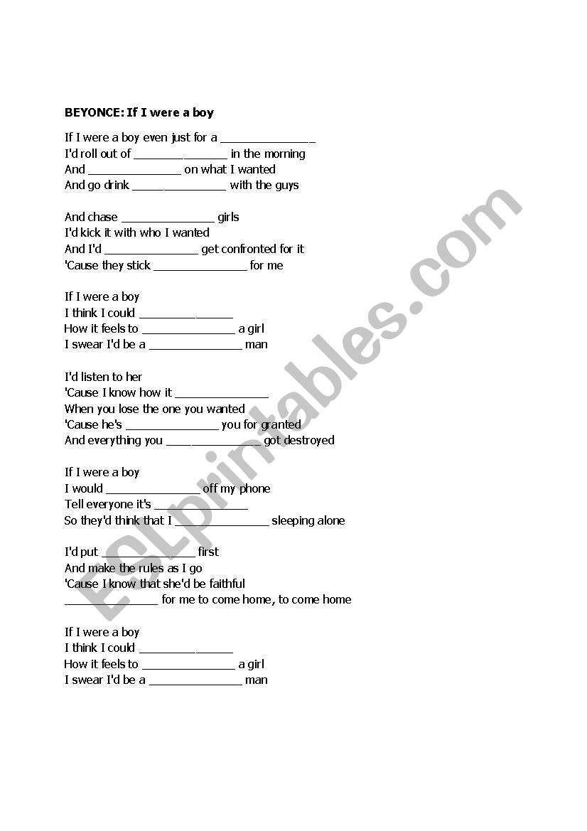 SONG HOUR - If i were a boy worksheet