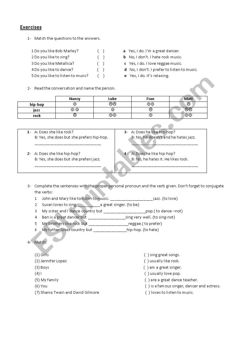 Present simple exercises about music