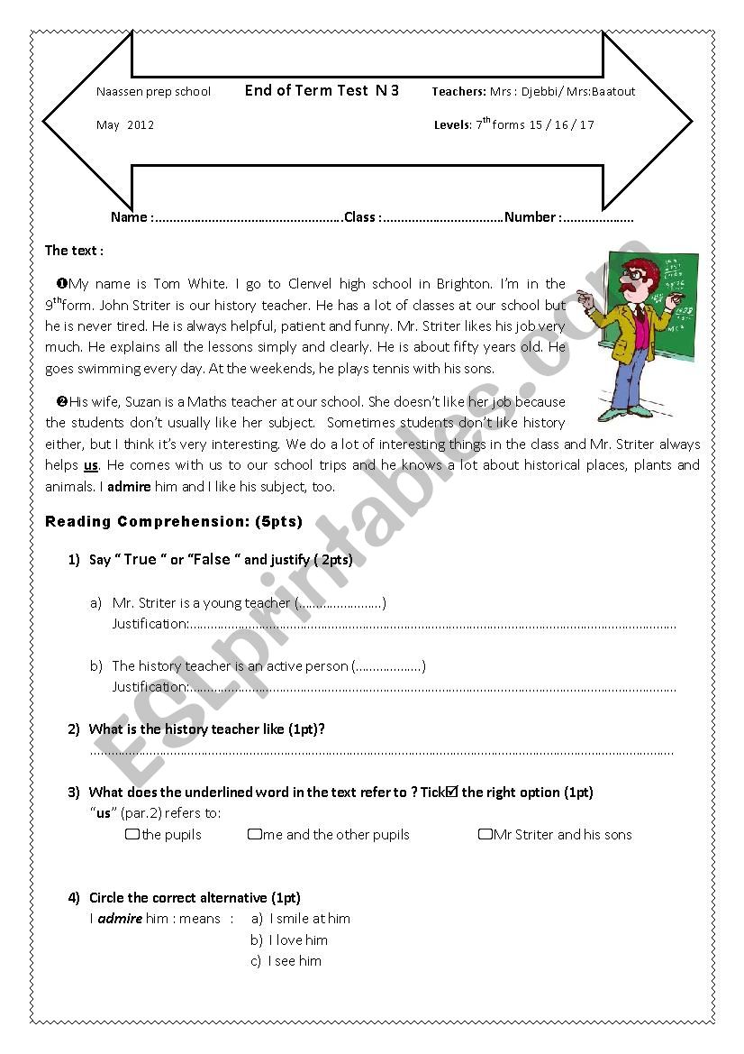 Tunisian end term test 3 (7th form)