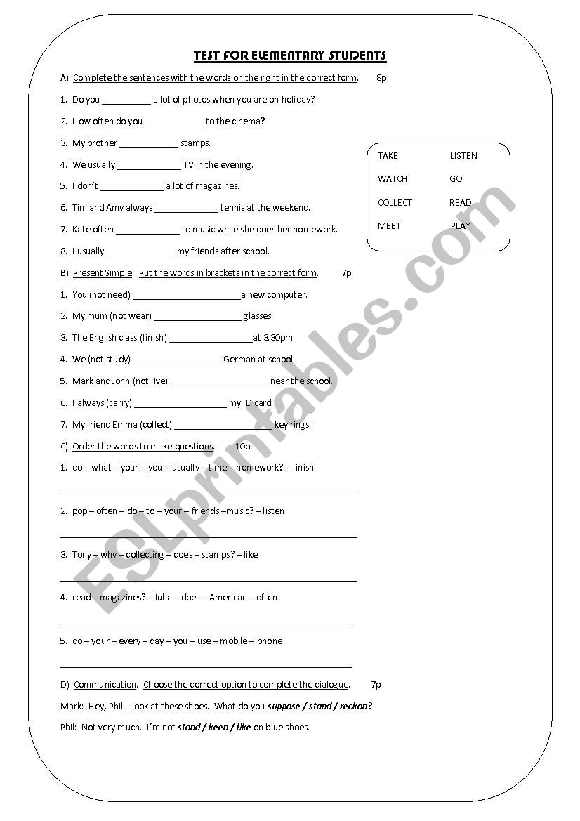 TEST FOR ELEMENTARY STUDENTS worksheet