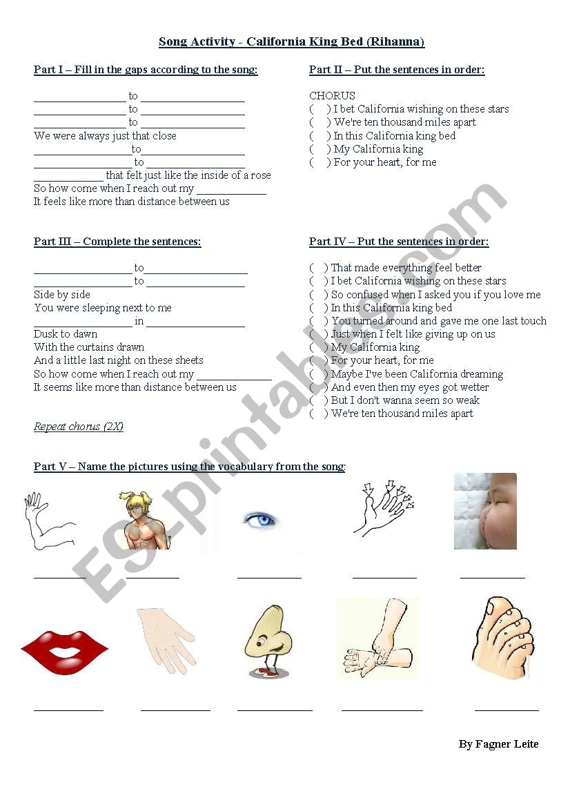 California King Bed Song Worksheet