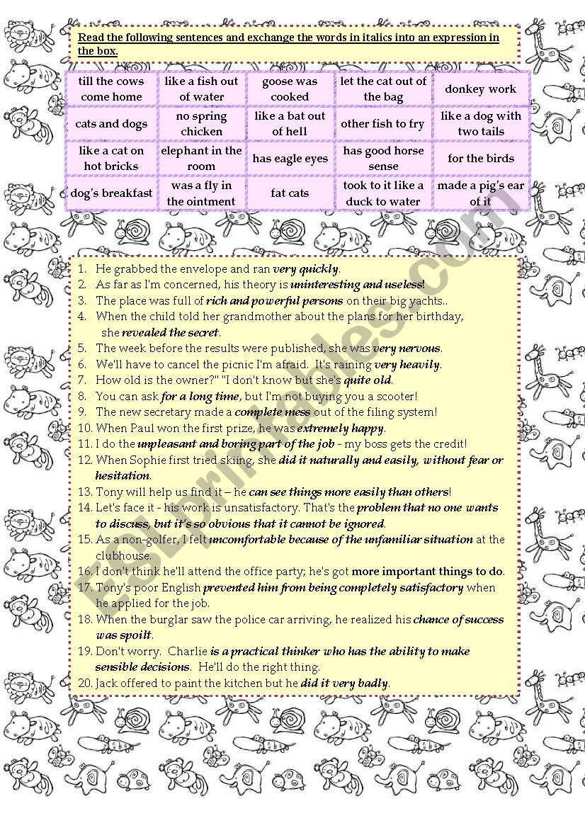 Animal idioms worksheet
