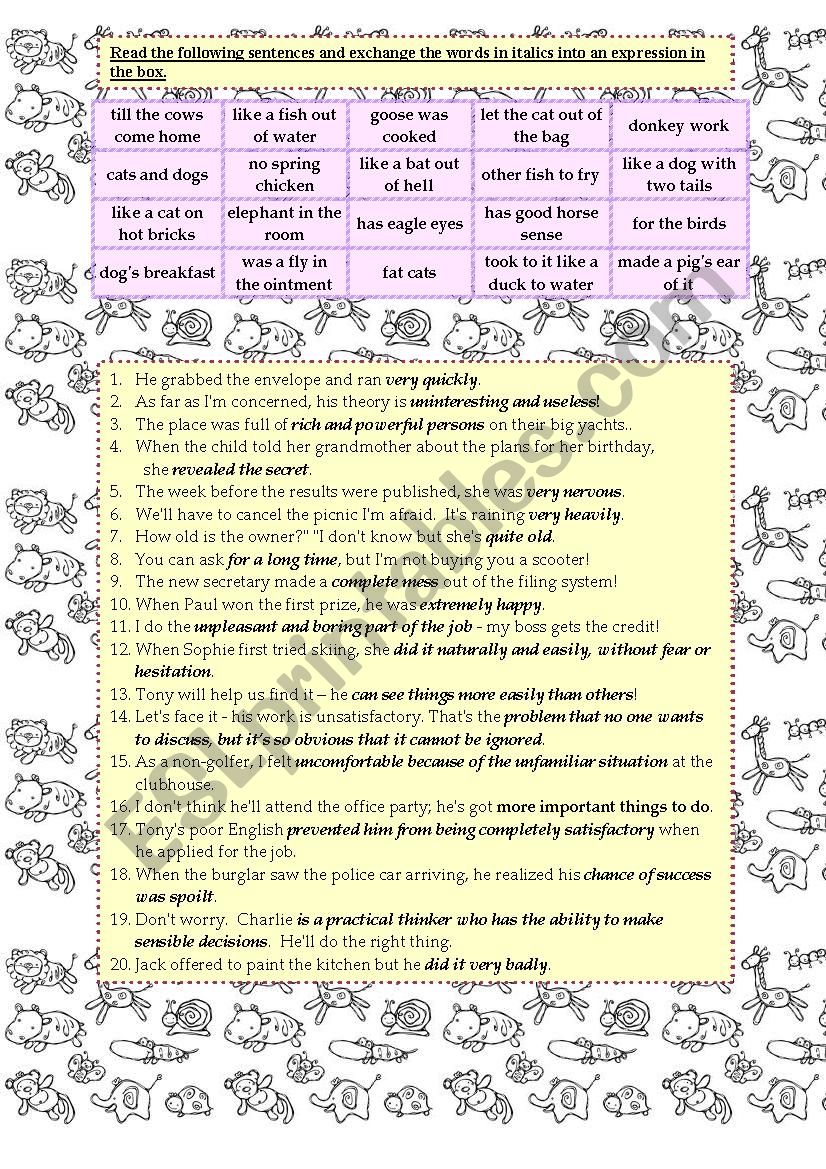 Animal idioms worksheet