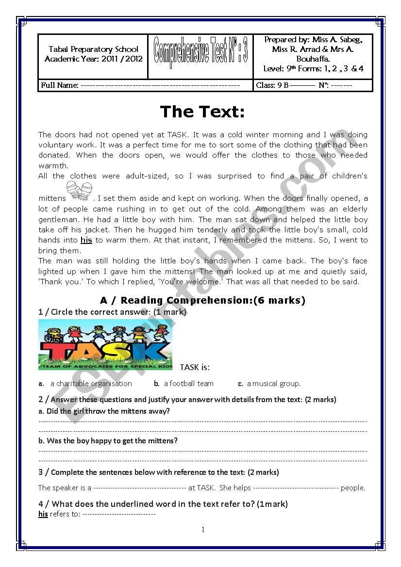 Comprehensive Test worksheet