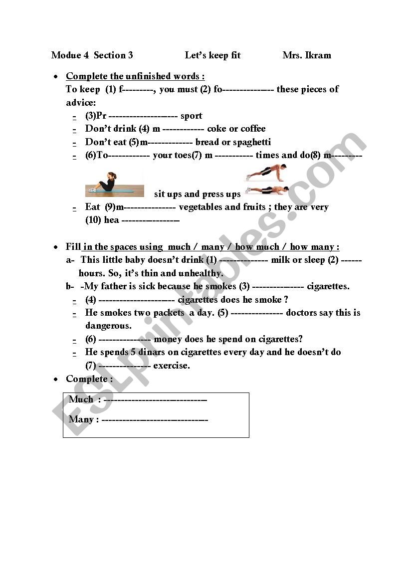 module 4 : Lets keep fit worksheet