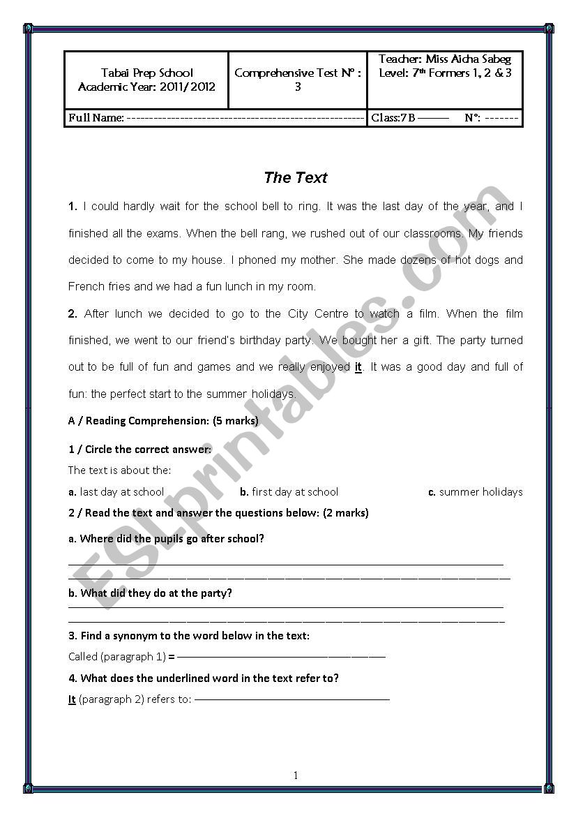 Comprehensive Test worksheet