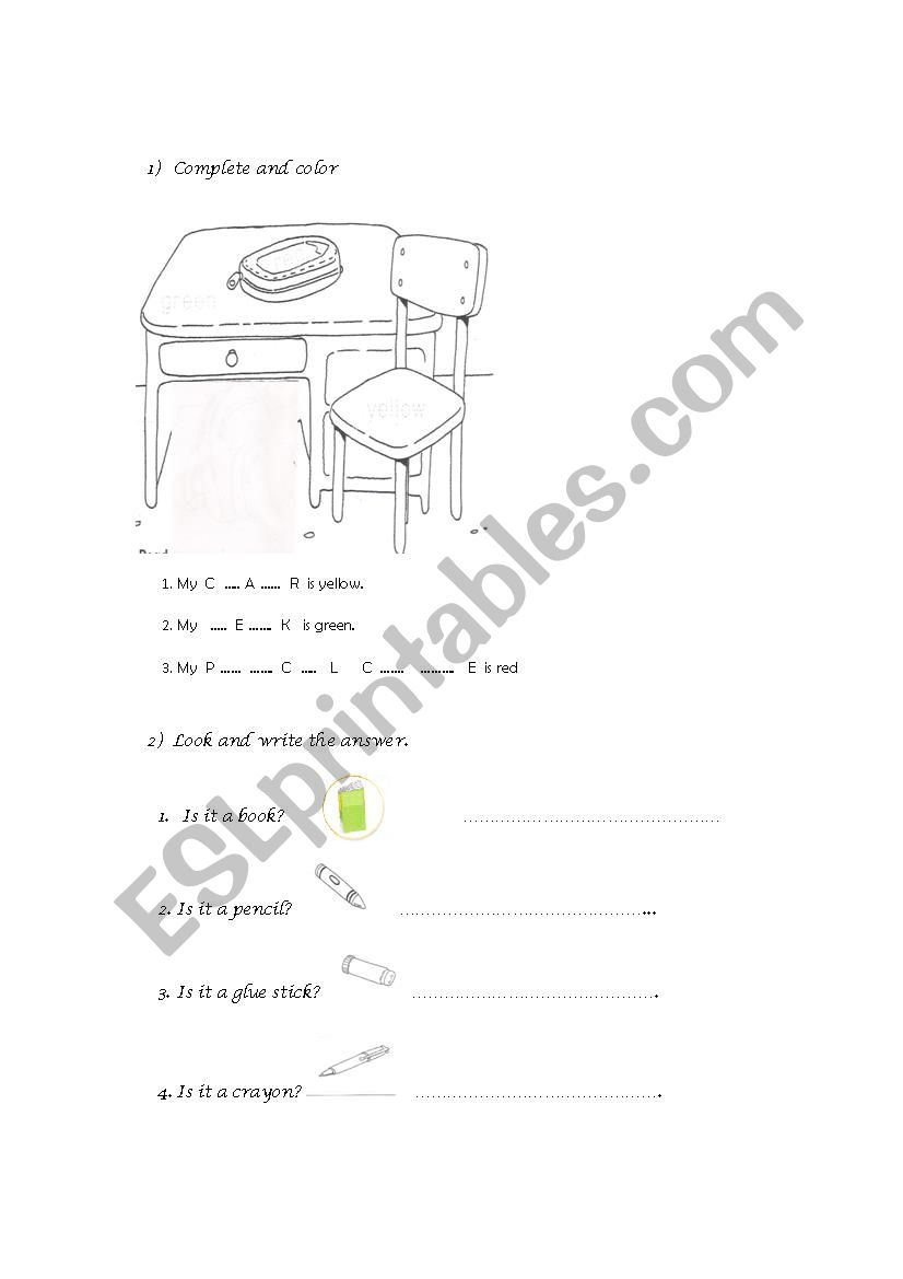School objects and colors  worksheet