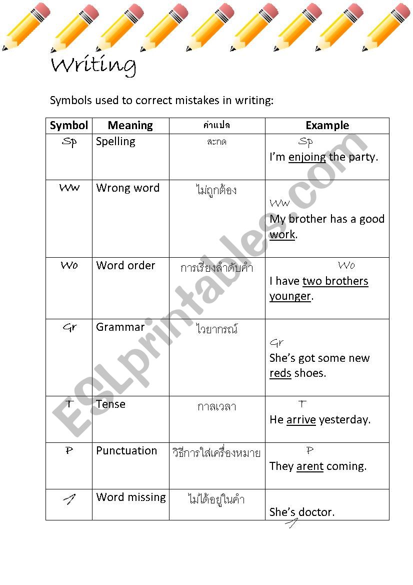 Symbols for correcting writing mistakes.