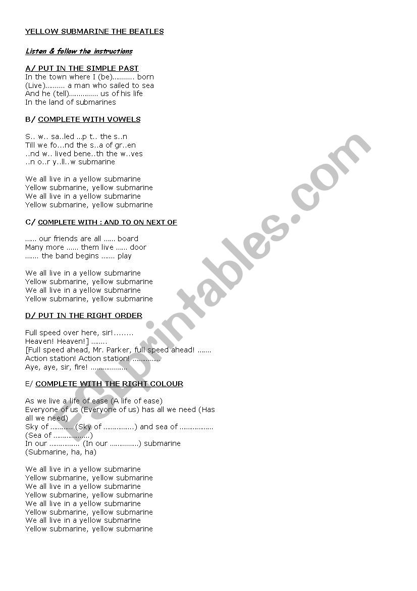 song yellow submarine worksheet