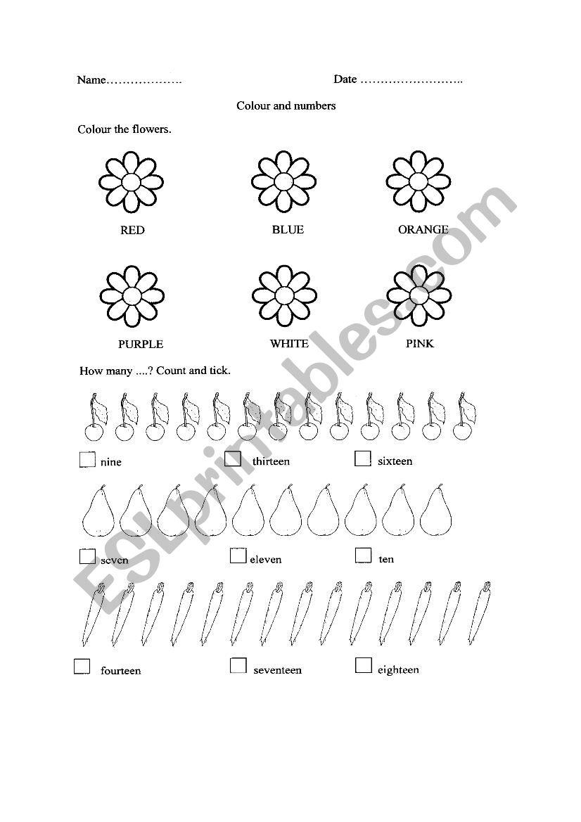 Colours numbers worksheet