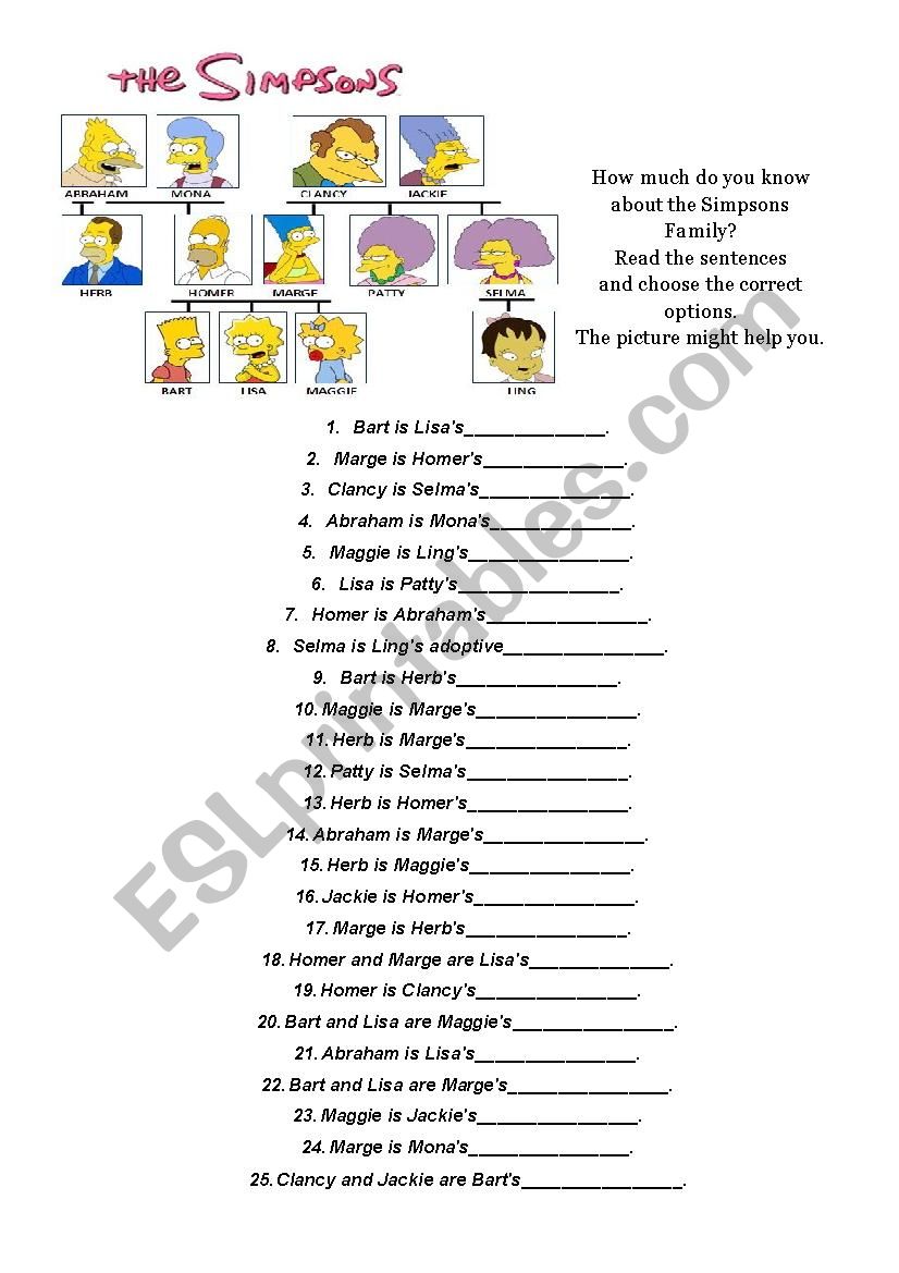 Simpsons Family worksheet