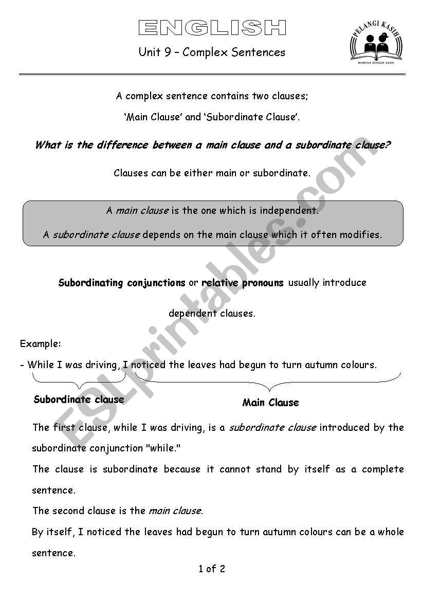 Complex Sentence worksheet
