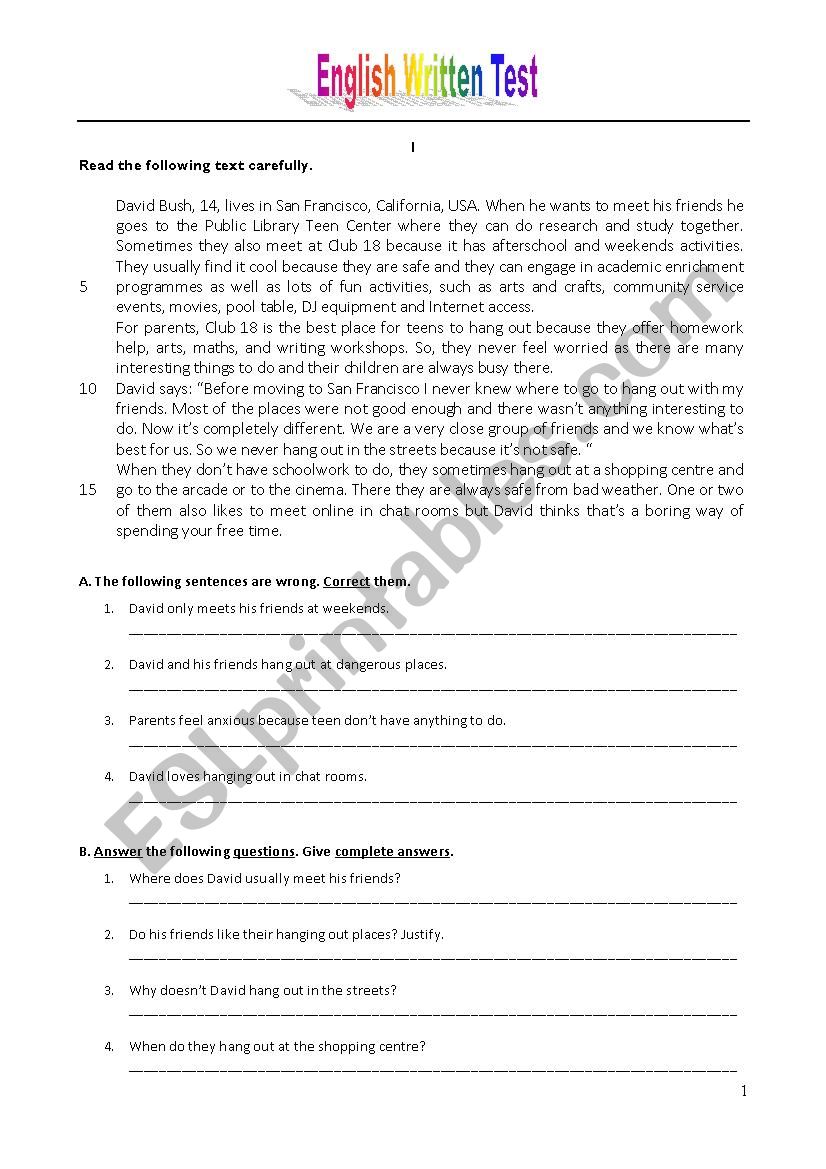 Hanging out - Test worksheet