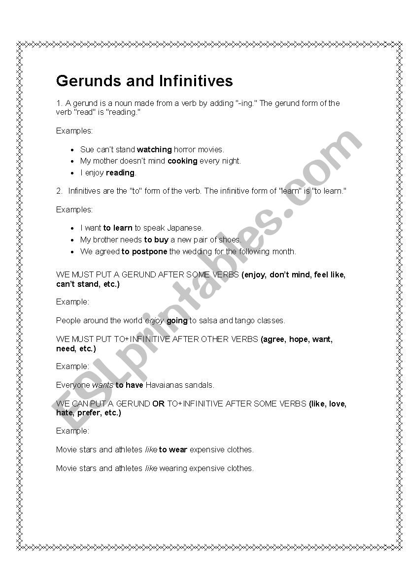 Gerunds and Infinitives worksheet