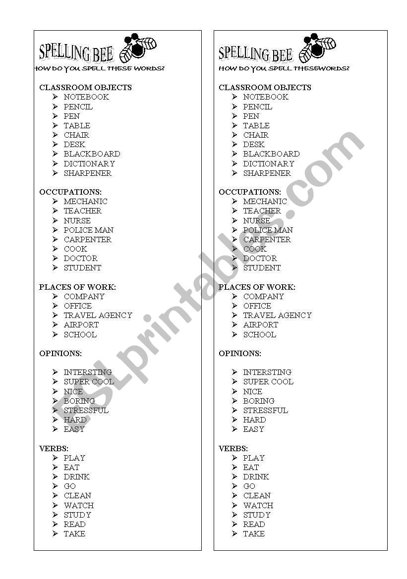 Spellinb Bee Competition worksheet