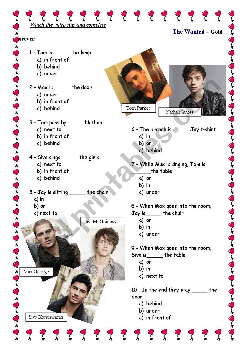 The Wanted  Gold Forever - Song and Video Clip activity / Preposition of place